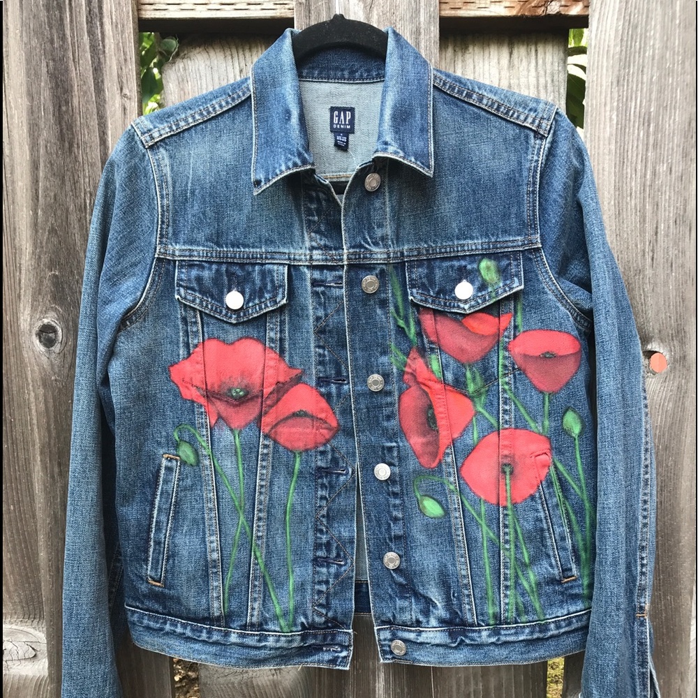 Poppies. Hand painted denim Gap icon jacket. NWT